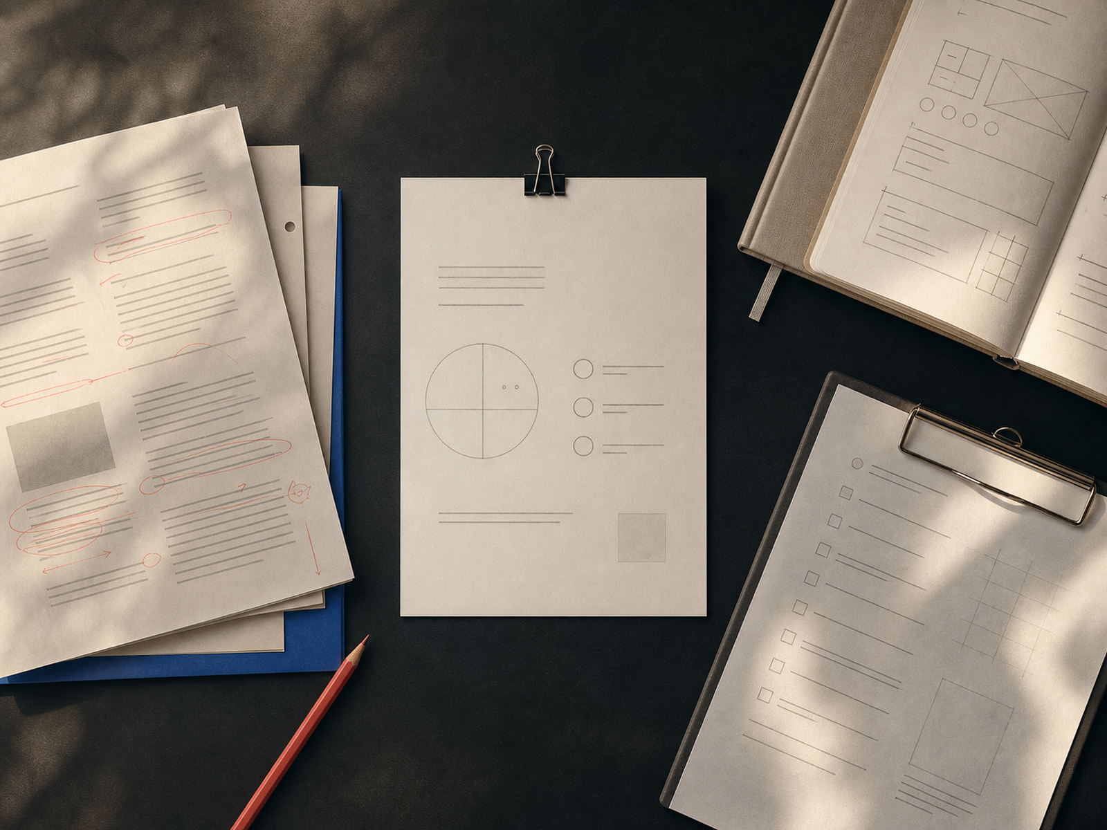 A shared worktable where three sets of notes converge on one concise brief